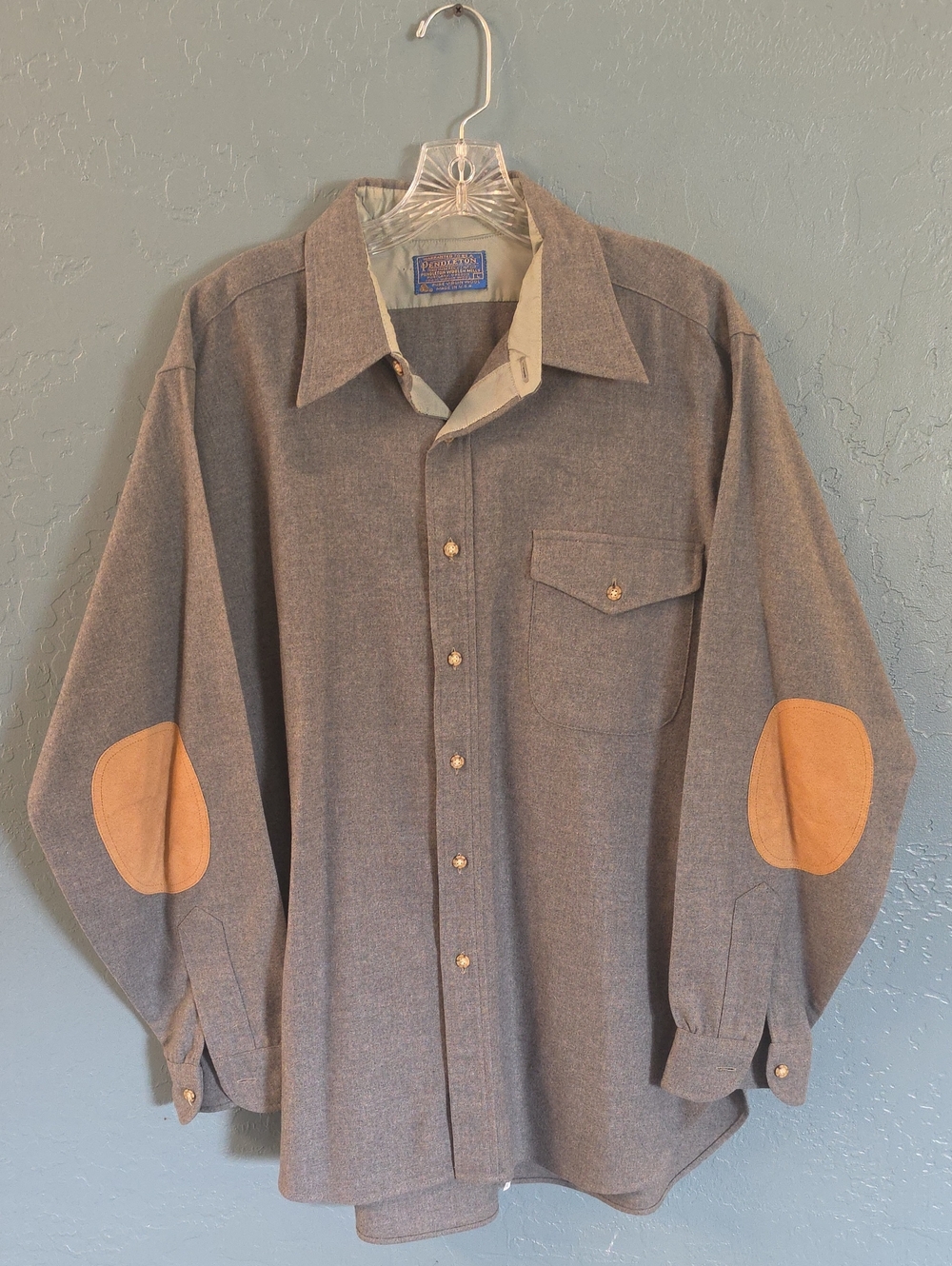 VTG Pendleton Virgin Wool Trail Shirt Gray Wool Shirt W Suede Tan Elbow Patches